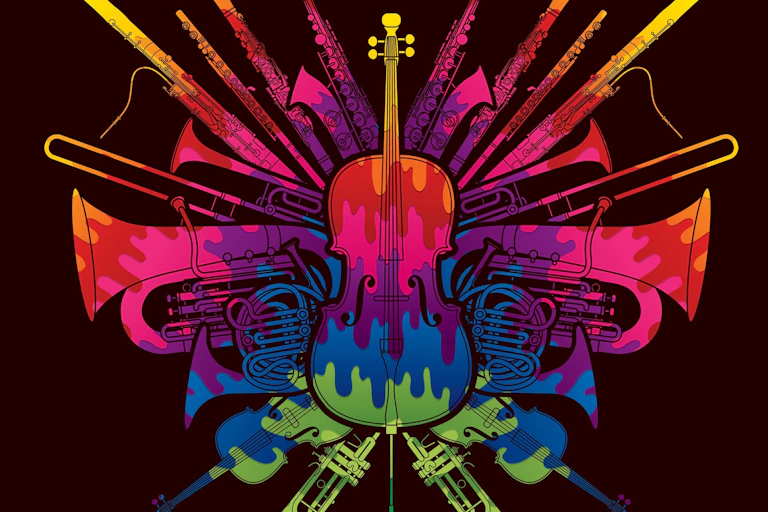A colourful illustration of orchestral instruments arranged in a geometric pattern against a black background.