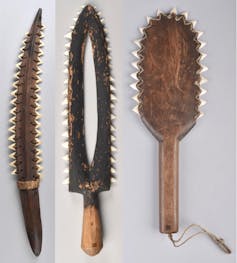 Shark teeth are widely used to edge deadly combat weapons or powerful ritual blades in the Pacific. Left: a shark-tooth knife from Kiribati; center and right: weapons from Hawai'i.