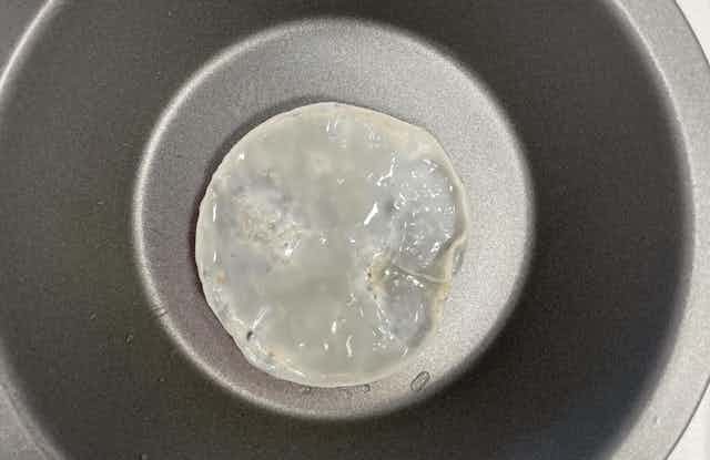A gelatinous white blob in a non stick grey bowl