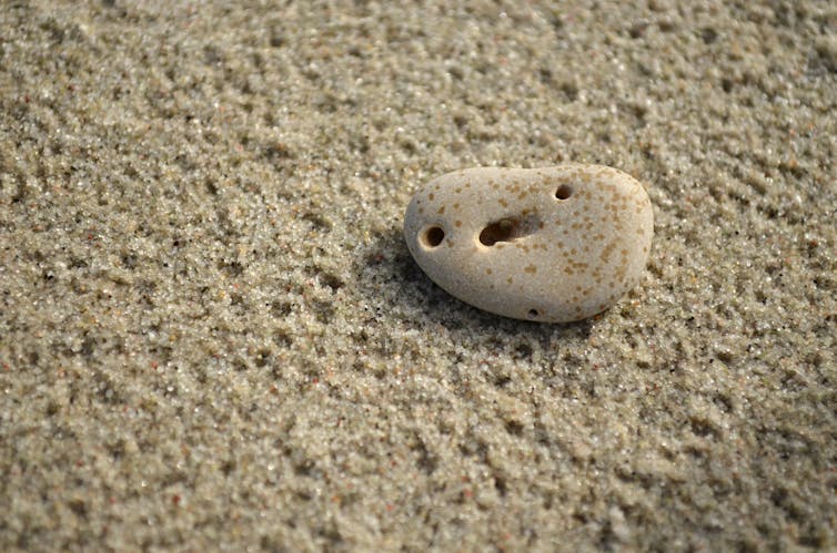 Pebble on sand, indentations in the rock seem to form a face