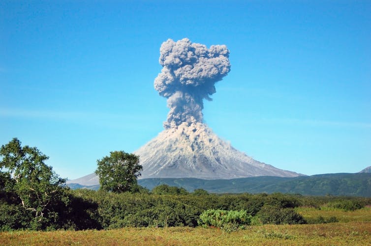 A volcano spewing ash, seen from a distant grassland.