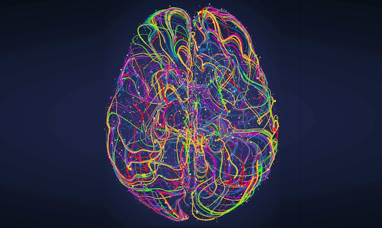 A colourful stylised line drawing of a brain
