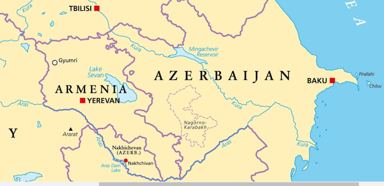 Mapa de Azerbaiyán y Armenia que muestra los territorios de Nagorno-Karabaj y Nakhchivan.