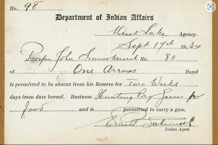 A document issued by the department of Indian affairs detailing the reason and length permitted for an Indigenous person to leave their reserve.