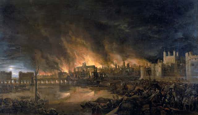 Painting of burning London skyline
