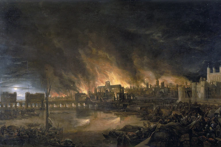 Painting of burning London skyline
