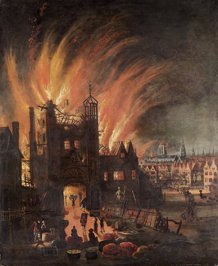Painting of burning buildings in London.