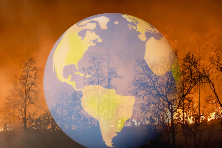 Ilustração mostra globo terrestre sobre fundo de uma floresta em chamas