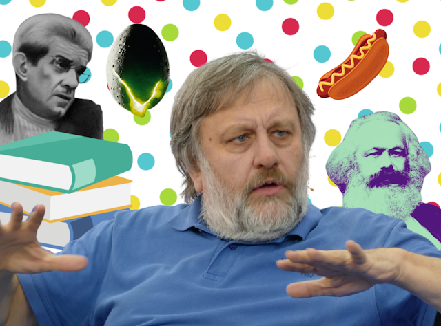 Zizek, lead image, flanked by Lacan on the left and Marx on the right.