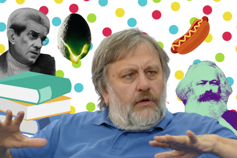 Zizek, lead image, flanked by Lacan on the left and Marx on the right.