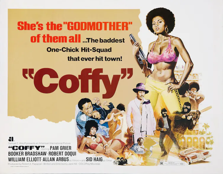 A Blaxploitation film poster for Coffy showing a black woman in a bikini with a gun.