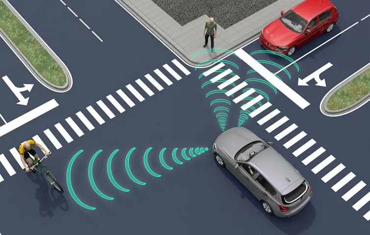 Illustration d’une voiture autonome à un carrefour.
