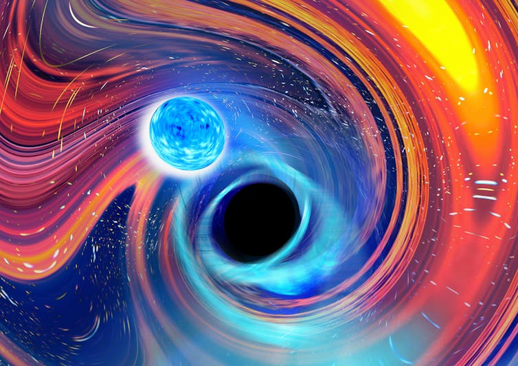 An illustration showing a neutron star and a black hole about to collide, with light swirling around them.