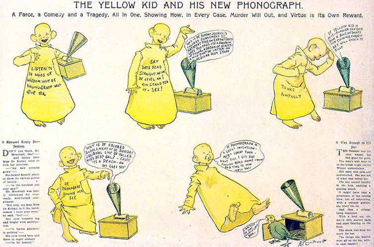 Dessins tirés d’une bande dessinée dans laquelle un garçon vêtu de jaune reçoit un phonographe d’où sort un perroquet à la fin