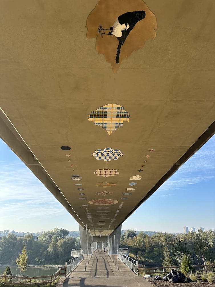 Images of tile-type patches seen on the underside of a bridge.