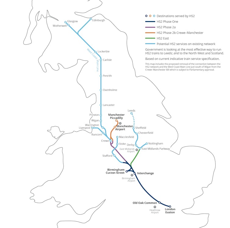 A map showing the HS2 train routes and additional connections to Scotland.