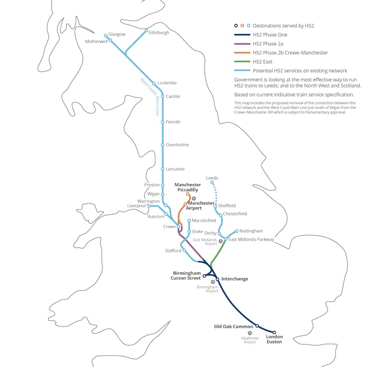 A map showing the HS2 train routes and additional connections to Scotland.