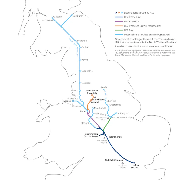 A map showing the HS2 train routes and additional connections to Scotland.