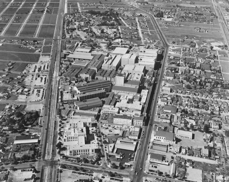 Black and white photo of buildings from the sky.