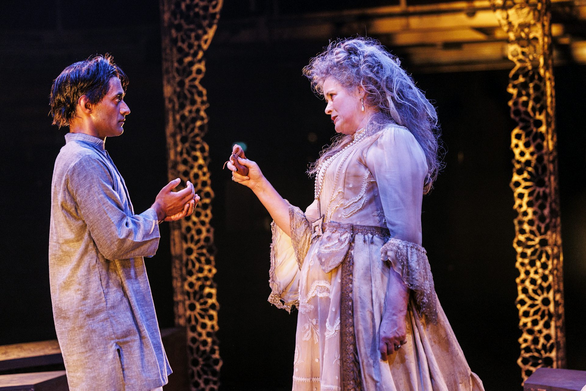 Esh Alladi as Pipli and Catherine Russell as Miss Havisham.