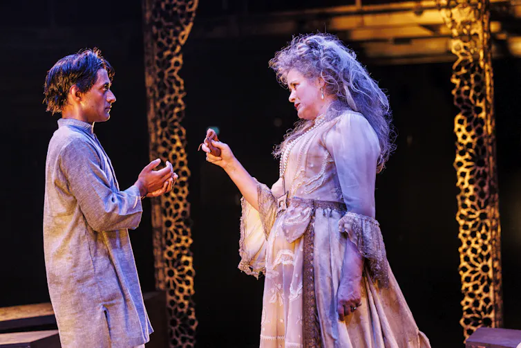 Esh Alladi as Pipli and Catherine Russell as Miss Havisham.