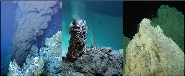 Trois images de fumeurs ; la première chemine est basse mais avec une fumée noire épaisse ; la seconde a une forme de cheminée assez haute, avec une fine fumée blanchatre ; le dernier est vaguement conique et la fumée est presque invisible