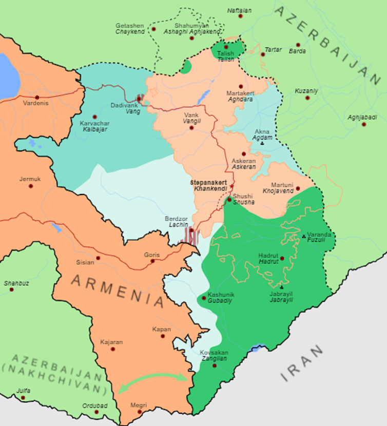 Map of Azerbaijan and Armenia showing contested regions.