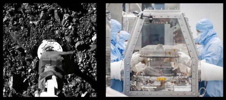 Spacecraft arm touching the surface of asteroid Bennu and scientists in a clean laboratory opening the sample container.