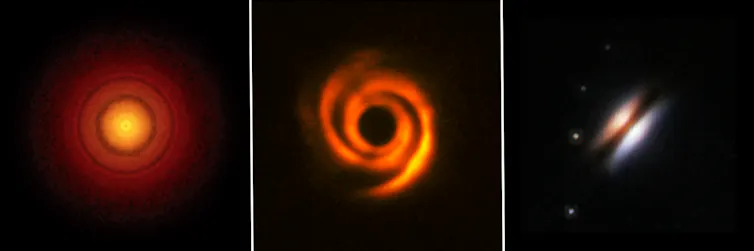 The left image is a yellow sphere with red light radiating from it in a circle, the middle image is an orange spiral shape with a black circle in the center and the right image is two slanted planes running parallel to each other and angled diagonally to the top right, one is orange with a white center and the other is white. All three images have black backgrounds.