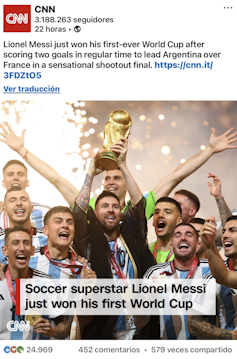 Tuit de la CNN anunciando el triunfo de Argentina en el Mundial de Fútbol 2022.
