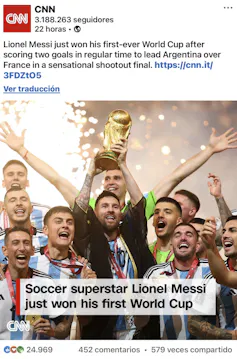 Tuit de la CNN anunciando el triunfo de Argentina en el Mundial de Fútbol 2022.