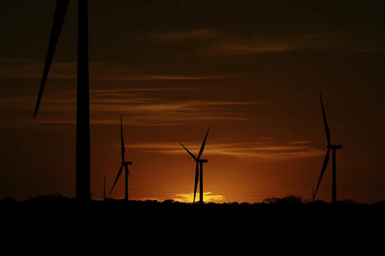 Wind farm at sunset in Del Rio, Texas