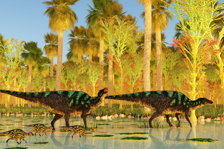 Illustration showing two adult dinosaurs and three babies running across a swamp