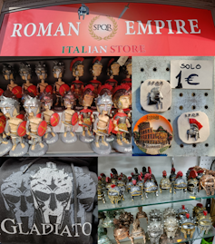 Imágenes de diferentes objetos a la venta como _merchandising_ en Roma, incluyendo figuritas de gladiadores, cascos e imanes de nevera con motivos de guerra.