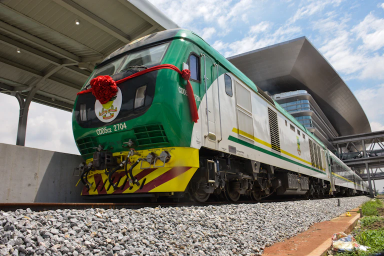 A train at a station.