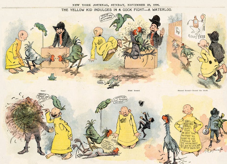 Seis viñetas de un niño vestido de amarillo que inicia una pelea de gallos junto a otro amigo.