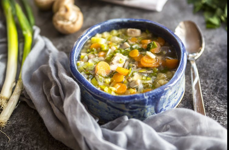 a bowl of chicken noodle and vegetable soup