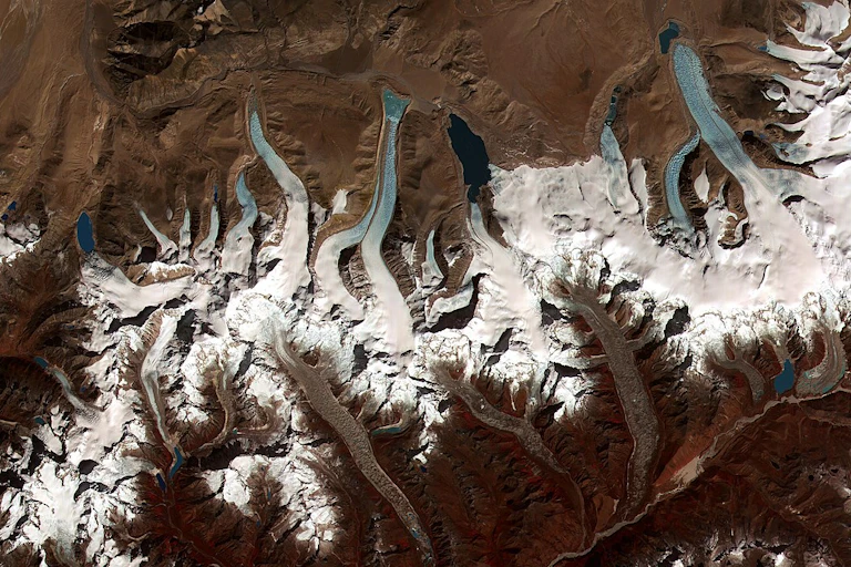 A satellite image shows several glaciers like many fingers down the side of a mountain, and dark glacial lakes at the ends of several of them.