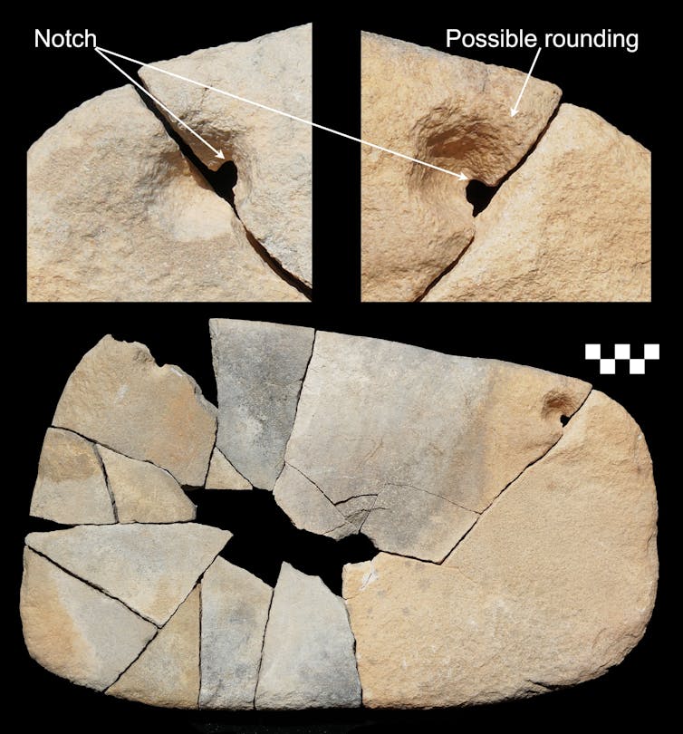 Photos showing a grinding stone assembled from smaller pieces.