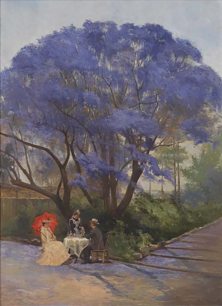 Oil painting. Couple has high tea under a jacaranda