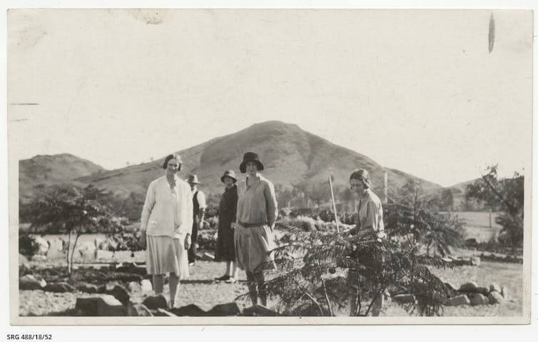 Mujeres alrededor de árboles pequeños.