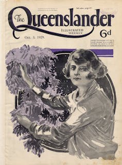 A woman next to purple flowers on the cover of The Queenslander in 1929