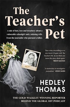 The book cover for The Teacher's Pet by Hedley Thomas. Pale print on a black background. There is a wedding photo of Lyn Dawson.