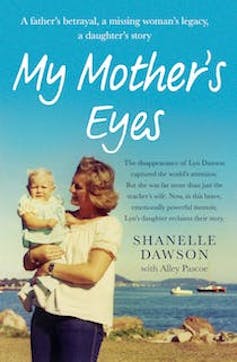 Cover of My Mother's Eyes by Shanelle Dawson. White text overlaid on a photograph of Lyn Dawson holding her baby daughter. It is a coast scene, water in the background.