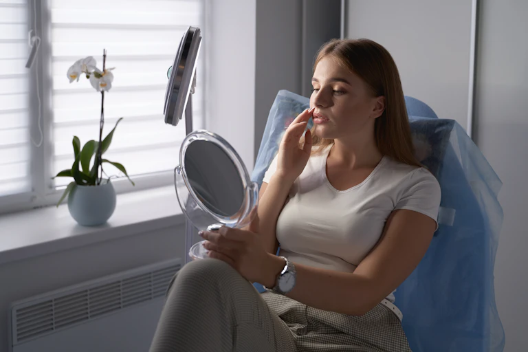 A young woman uses a mirror to scrutinise at her lips.