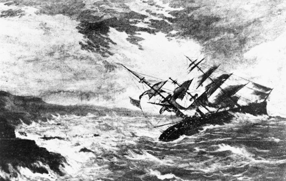 A black and white sketch showing a tall ship being shipwrecked in rough seas. 