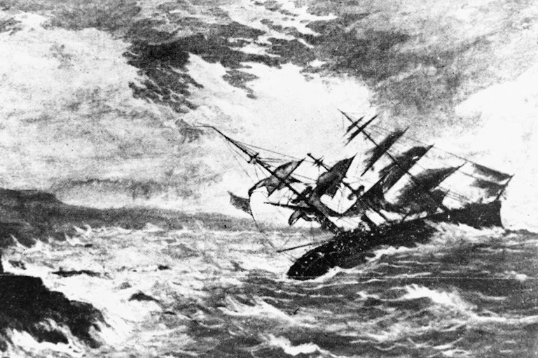 A black and white sketch showing a tall ship being shipwrecked in rough seas.