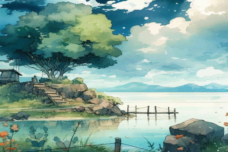 Illustration d'une maison au bord d'un lac.