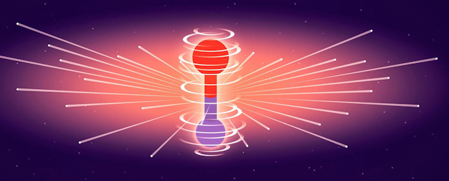 An illustration of an electron, shown as a barbell shape with the top half red and the bottom half purple, with white bursts of light coming off it, against a purple and gold background. 