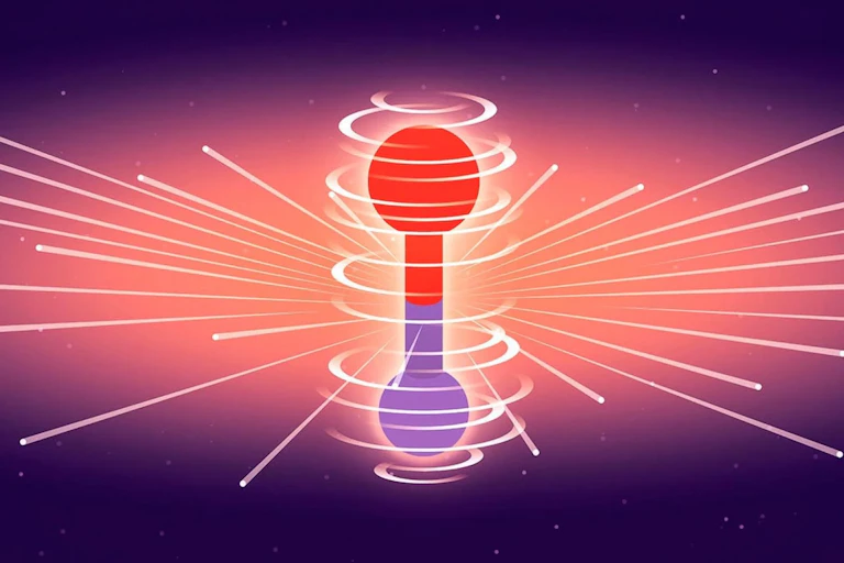 An illustration of an electron, shown as a barbell shape with the top half red and the bottom half purple, with white bursts of light coming off it, against a purple and gold background.